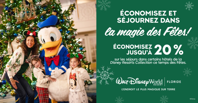 Famille profitant des décorations de Noël à Disney World 2025 en compagnie de Donald Duck