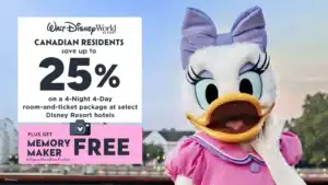 Daisy Duck posing on a waterfront boardwalk with Disney's Yacht Club Resort and Beach Club Resort in the distance